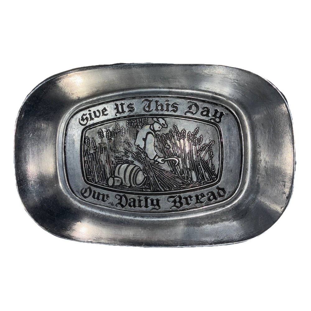 Pewter‎ Bread Tray Give Us This Day Our Daily Bread 8.5x6" Taiwan Vintage